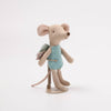 Stuffed Maileg Fairy mouse toy with a backpack on a white background